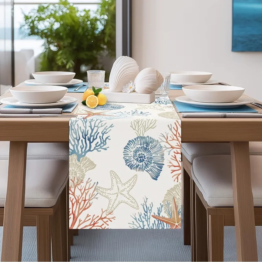 Bonhause Nautical Coastal Table Runner 13x72 Ocean Themed Starfish Coral Conch